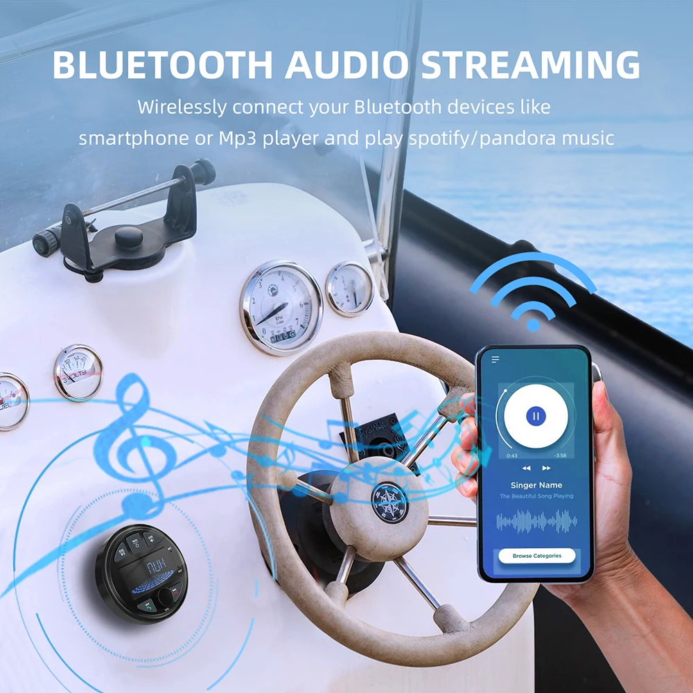 2025 Boat Radio Marine Stereo Source Media Player AM FM RDS Receiver MP3 MP4 Video Play Bluetooth AUX for ATV UTV Cart Motorcycl