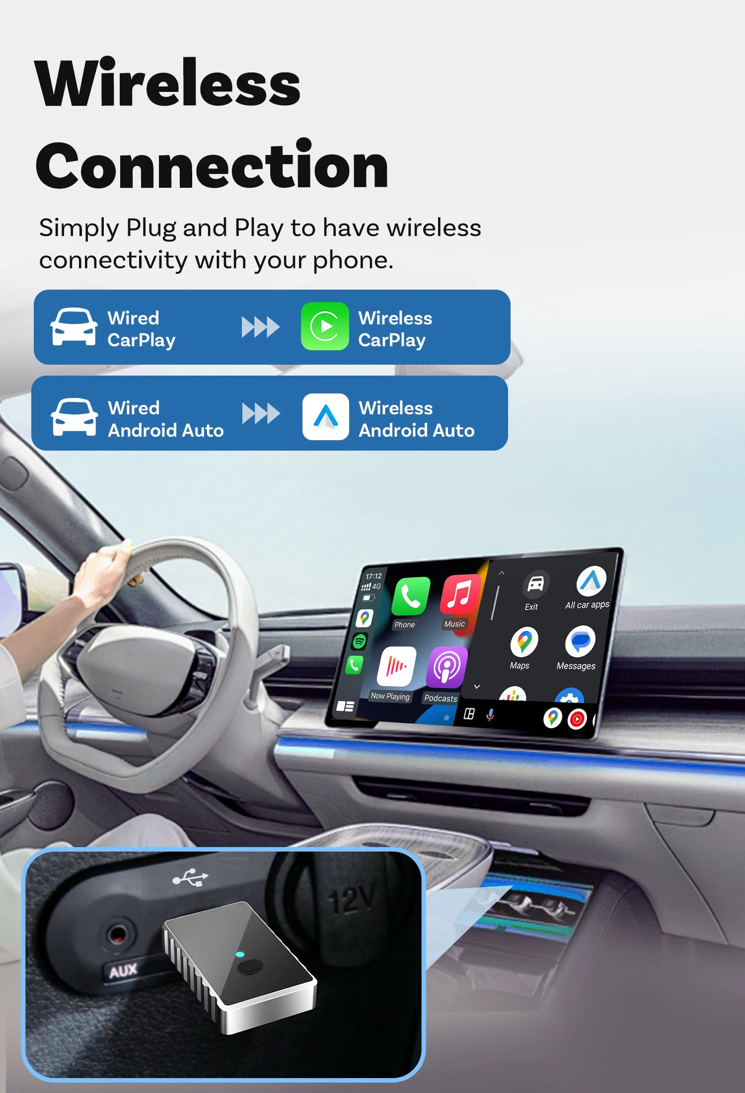 CA505-M2 Wireless 2 in 1 Car Adapter Plug and Play Dongle BT 5.4 Bluetooth Fast Connect CarPlay & Android Auto Audio Receiver