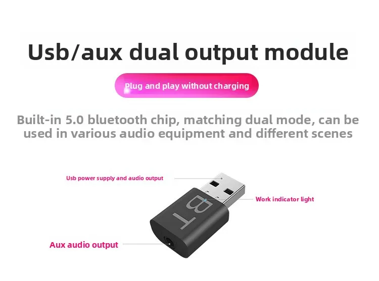 BT660Bluetooth 5.0 Car USB Adapter 3.5mm AUX Receiver for Wireless Speaker Call Adapter