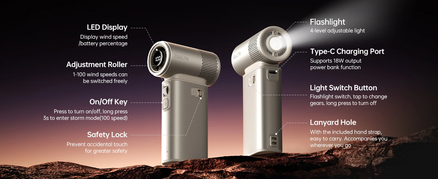JISULIFE Handheld Fan Ultra 2, Powerful Turbo Jet Fan, 100 Speeds, 9000mAh Rechargeable Battery, LED Display, Outdoor Camping