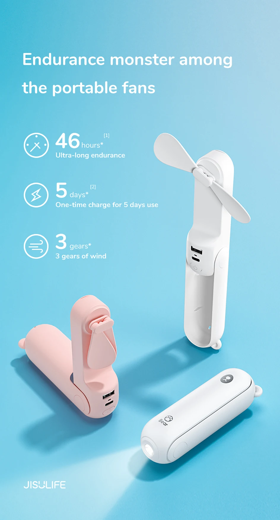 JISULIFE Portable Fan Mini Handheld Fan USB 4500mAh Recharge Hand Held Small 3 in1 Pocket Fan with Power Bank Flashlight Feature JISULIFE Portable Fan Mini Handheld Fan USB 4500mAh Recharge Hand Held Small 3 in1 Pocket Fan with Power Bank Flashlight Feature