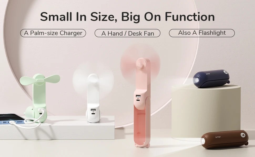 JISULIFE Portable Fan Mini Handheld Fan USB 4500mAh Recharge Hand Held Small 3 in1 Pocket Fan with Power Bank Flashlight Feature