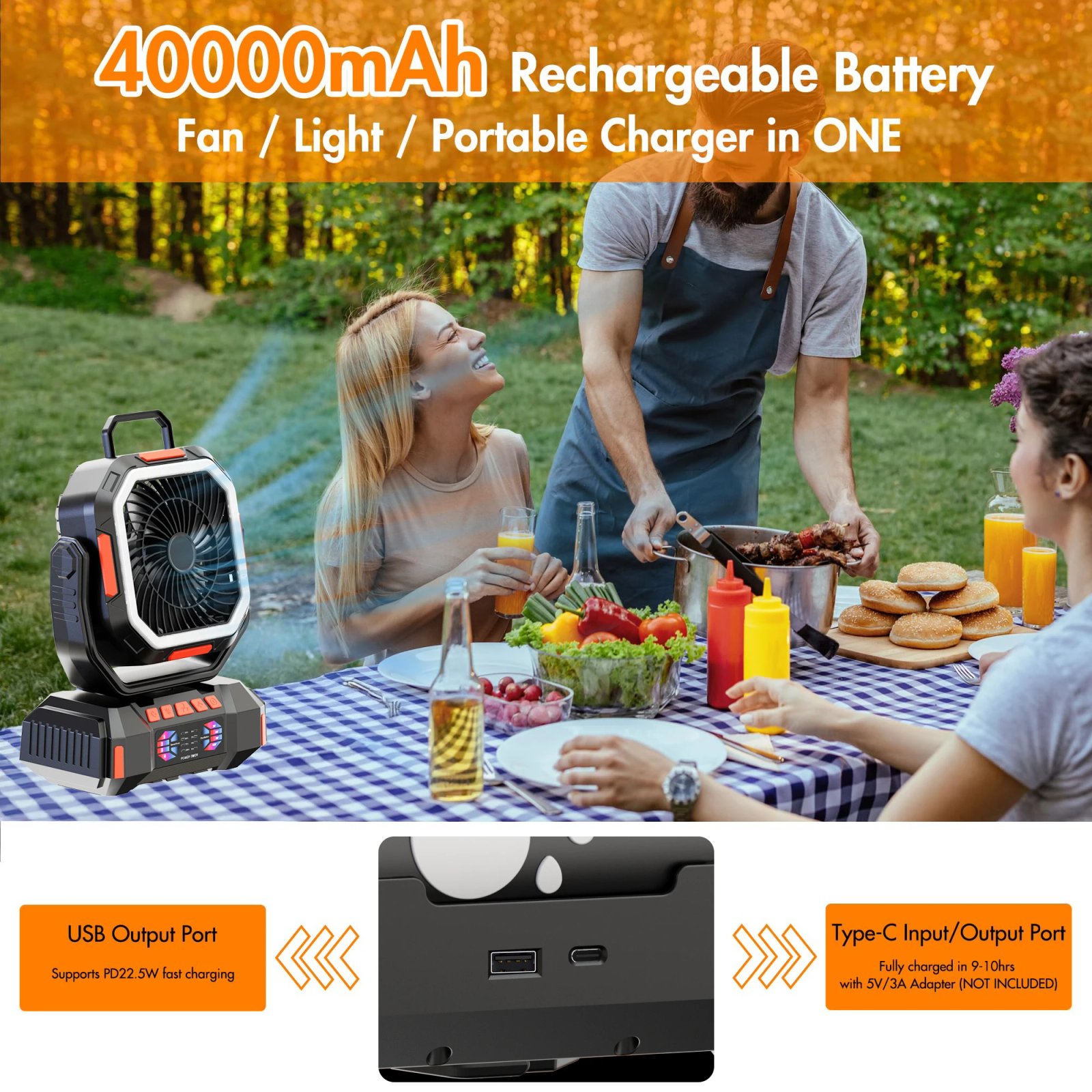 40000mAh Portable Outdoor camping Fan With Remote LED Light Hook USB Charging Desk Fan for Hiking Fishing Picnic Emergency