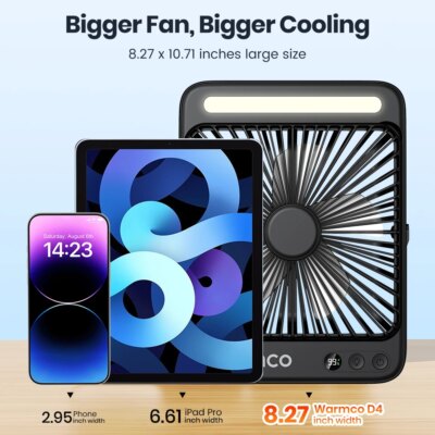 Warmco D4 Portable Desk Fan Rechargeable 20000mAh Camping Fan with Light,48Hrs Run Time 8" Silent Personal Fan Digital Display - Image 6