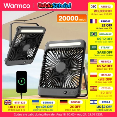 Warmco D4 Portable Desk Fan Rechargeable 20000mAh Camping Fan with Light,48Hrs Run Time 8" Silent Personal Fan Digital Display