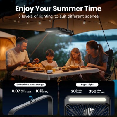 Warmco D4 Portable Desk Fan Rechargeable 20000mAh Camping Fan with Light,48Hrs Run Time 8" Silent Personal Fan Digital Display - Image 3