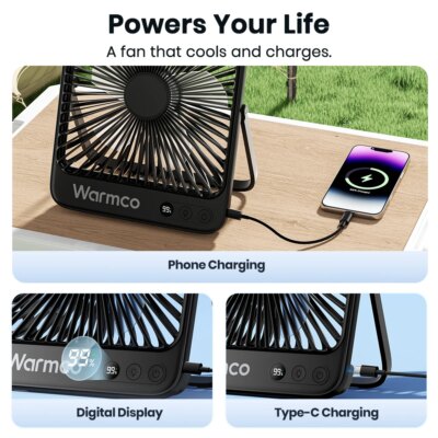 Warmco D4 Portable Desk Fan Rechargeable 20000mAh Camping Fan with Light,48Hrs Run Time 8" Silent Personal Fan Digital Display - Image 4