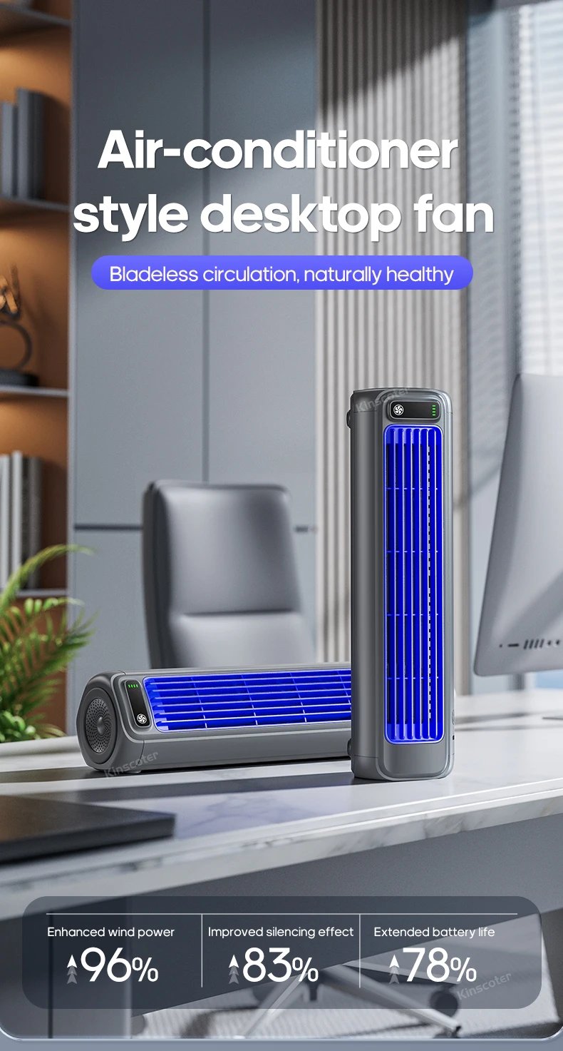 KINSCOTER Portable Air Conditioner Fan 2000mAh Quiet Desktop Tower Fan Wall Non-drilling Circulating Fan 3 Speeds Adjustable