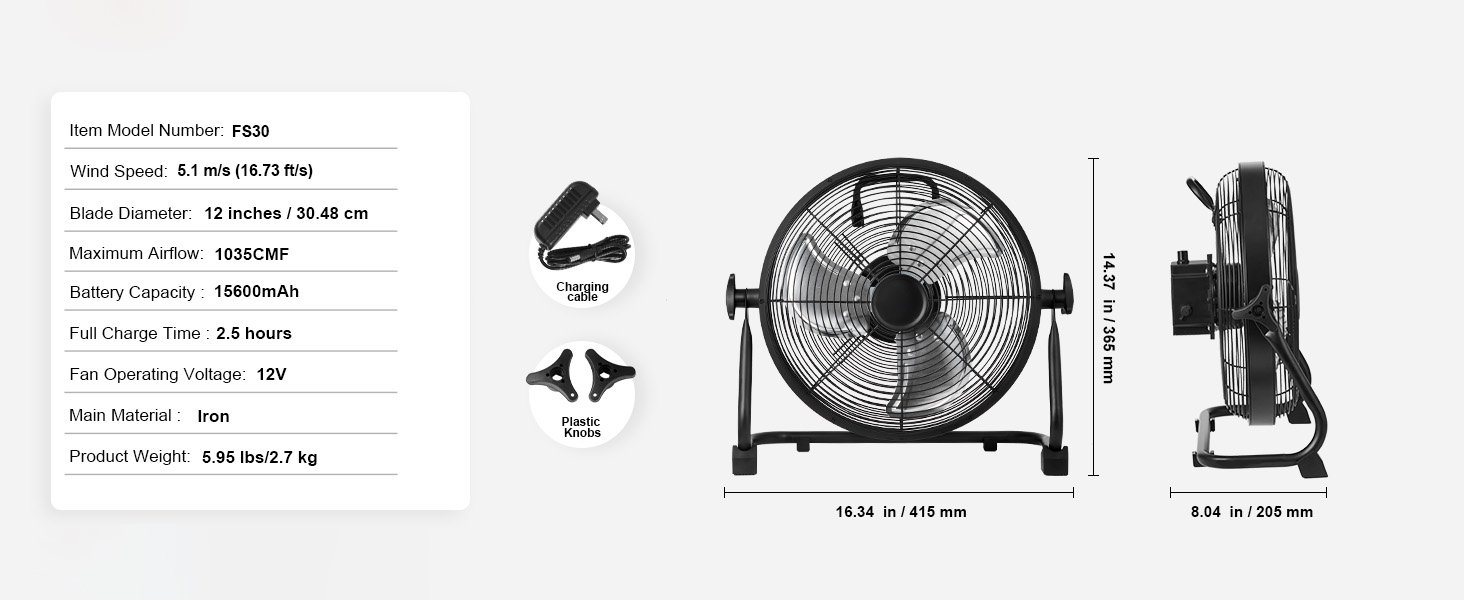 SucceBuy Cordless Fan Portable Degree Manual Pivoting Regulation HighVelocity Cordless Fan Heavy Duty Metal Industrial Floor Fan