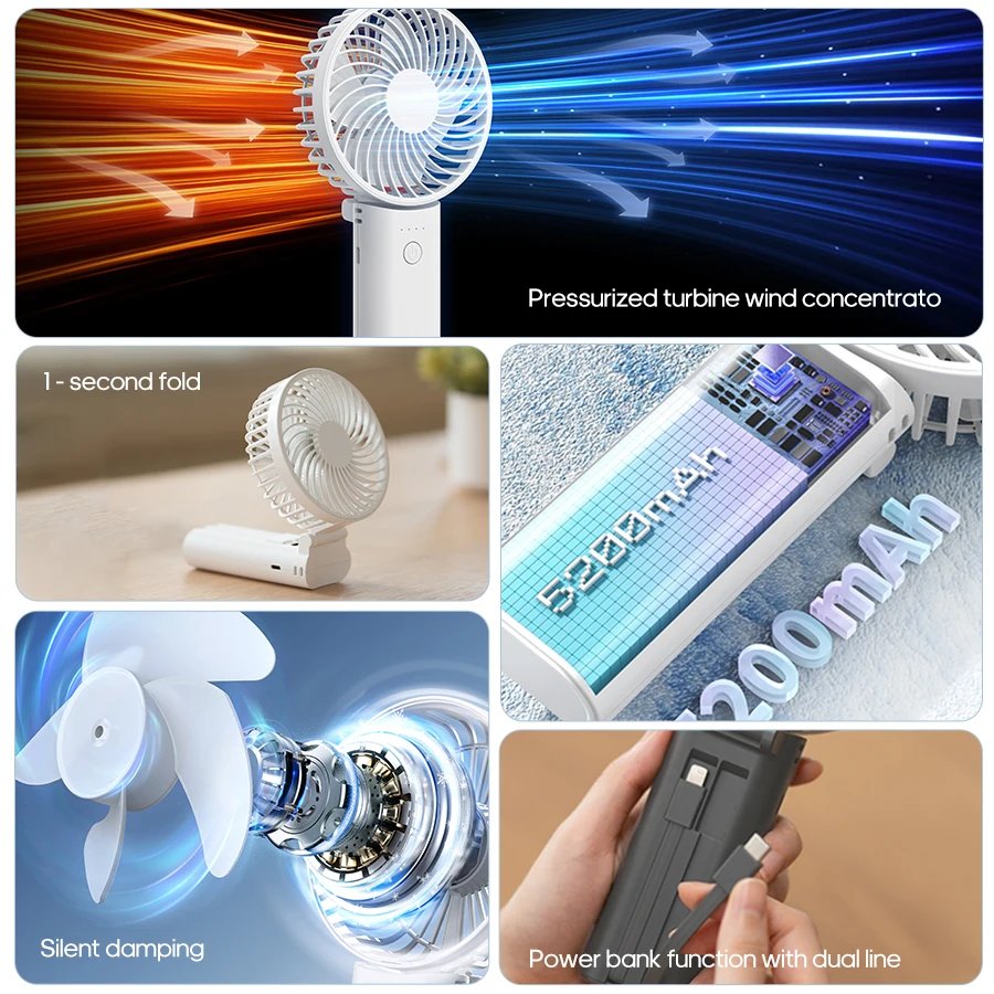 Newest Foldable Handheld Fan 4 Gear Speed Cooling Portable Fan 5200mAh Rechargeable Desk Air Circular with Dual wire Power Bank - Image 2