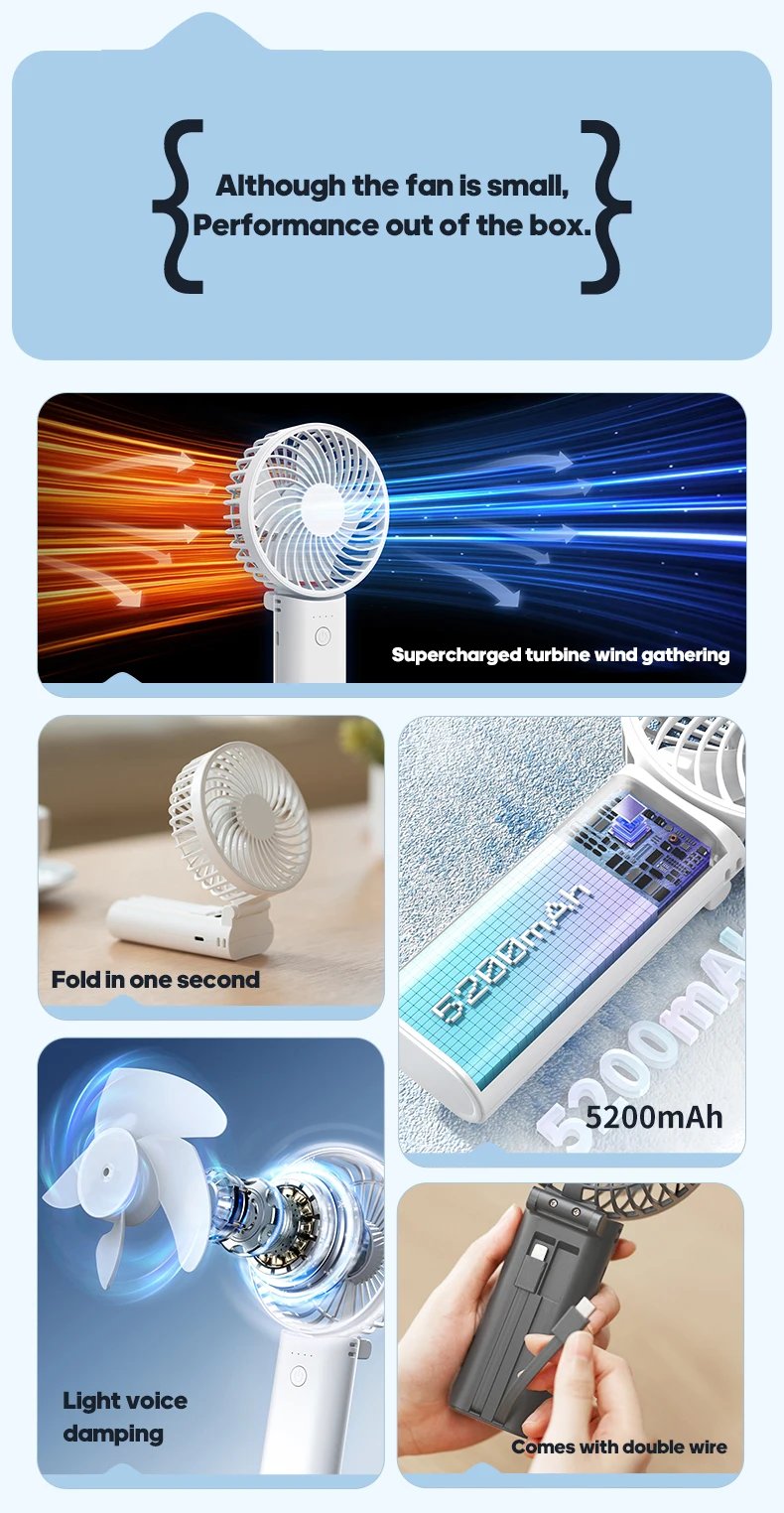 Newest Foldable Handheld Fan 4 Gear Speed Cooling Portable Fan 5200mAh Rechargeable Desk Air Circular with Dual wire Power Bank Newest Foldable Handheld Fan 4 Gear Speed Cooling Portable Fan 5200mAh Rechargeable Desk Air Circular with Dual wire Power Bank