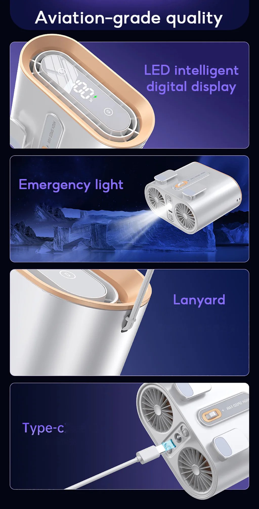 Eary Portable Waist Fan Clip Rechargeable 199 Speeds Hands-Free Neck Hanging Fans With Level 3 lighting Personal Air Cooling Fan