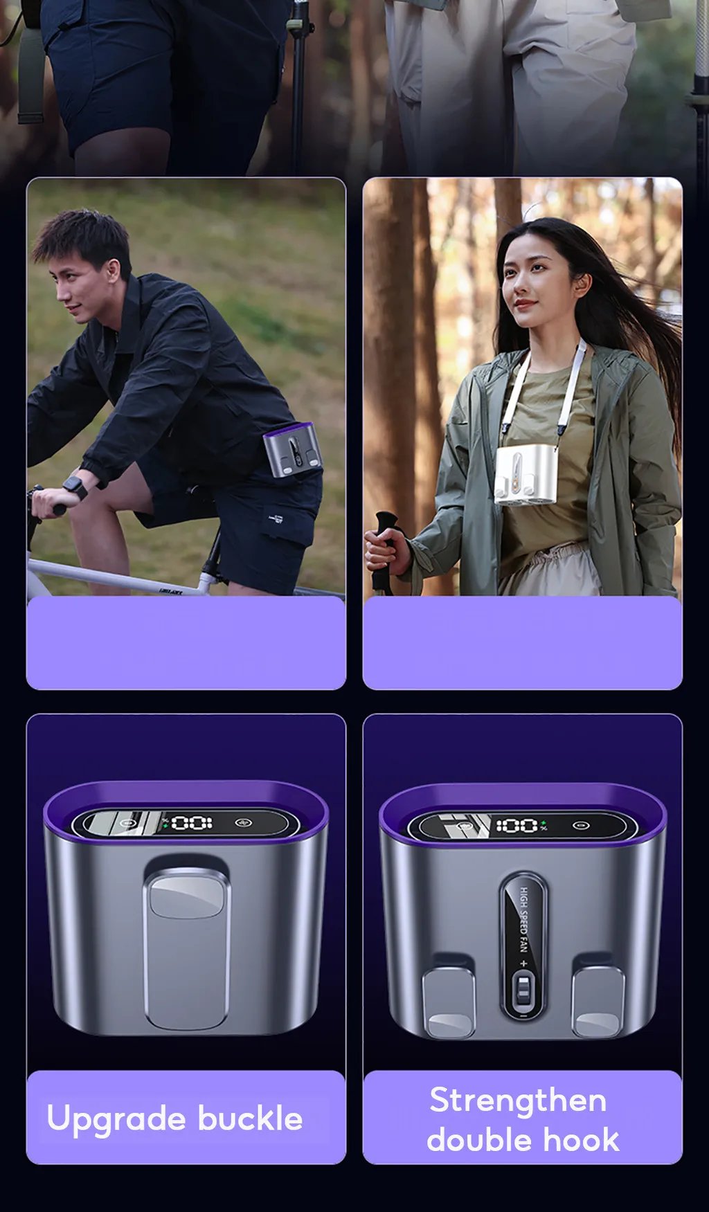 Eary Portable Waist Fan Clip Rechargeable 199 Speeds Hands-Free Neck Hanging Fans With Level 3 lighting Personal Air Cooling Fan