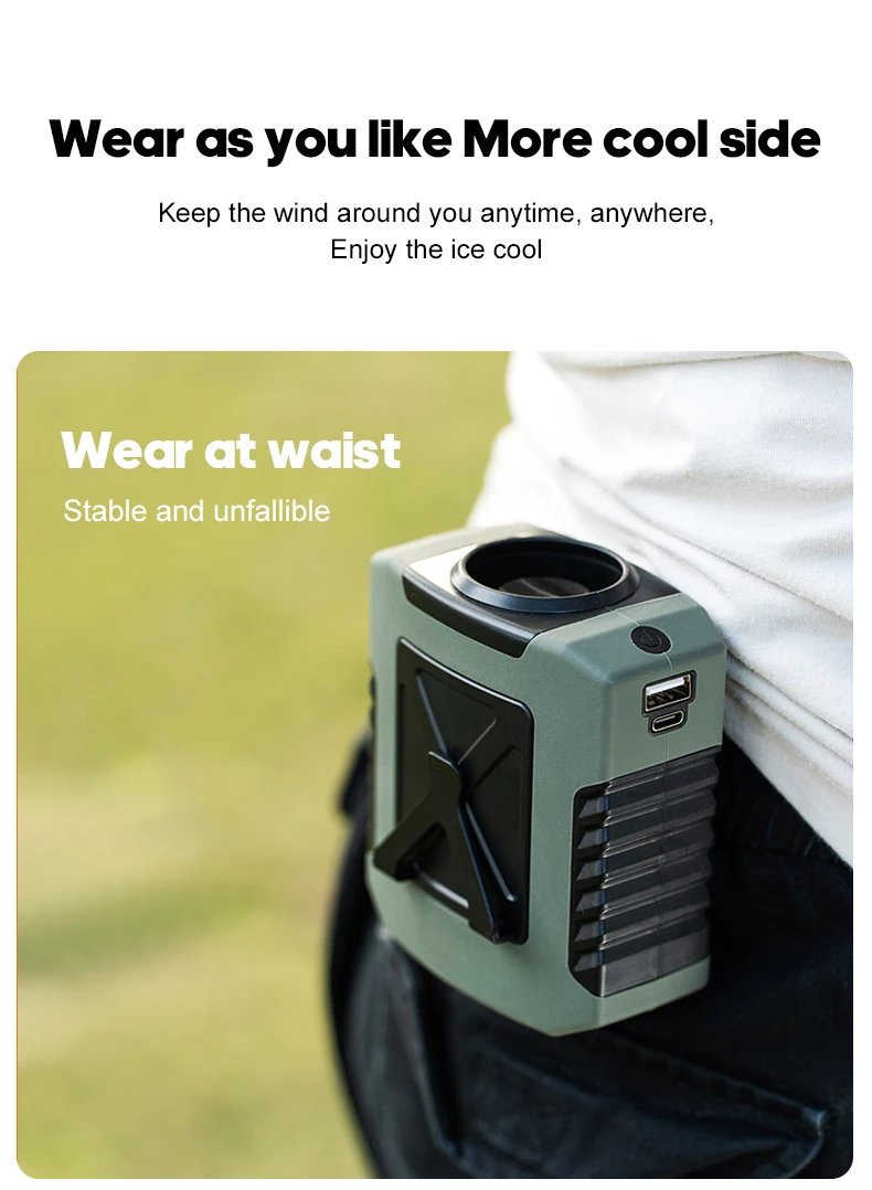 Mini 8000mAh Travel Wearable Waist Fan Camping Outdoor Rechargeable Cooling Fan With Night Light and Power Bank Air Circulator