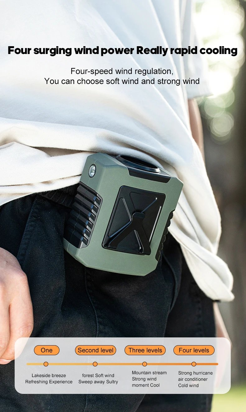 Mini 8000mAh Travel Wearable Waist Fan Camping Outdoor Rechargeable Cooling Fan With Night Light and Power Bank Air Circulator