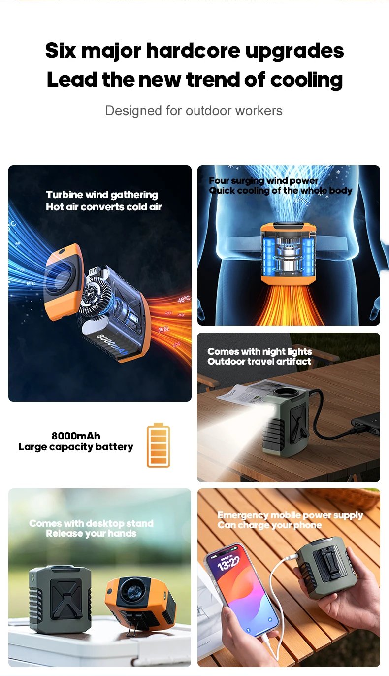 Mini 8000mAh Travel Wearable Waist Fan Camping Outdoor Rechargeable Cooling Fan With Night Light and Power Bank Air Circulator