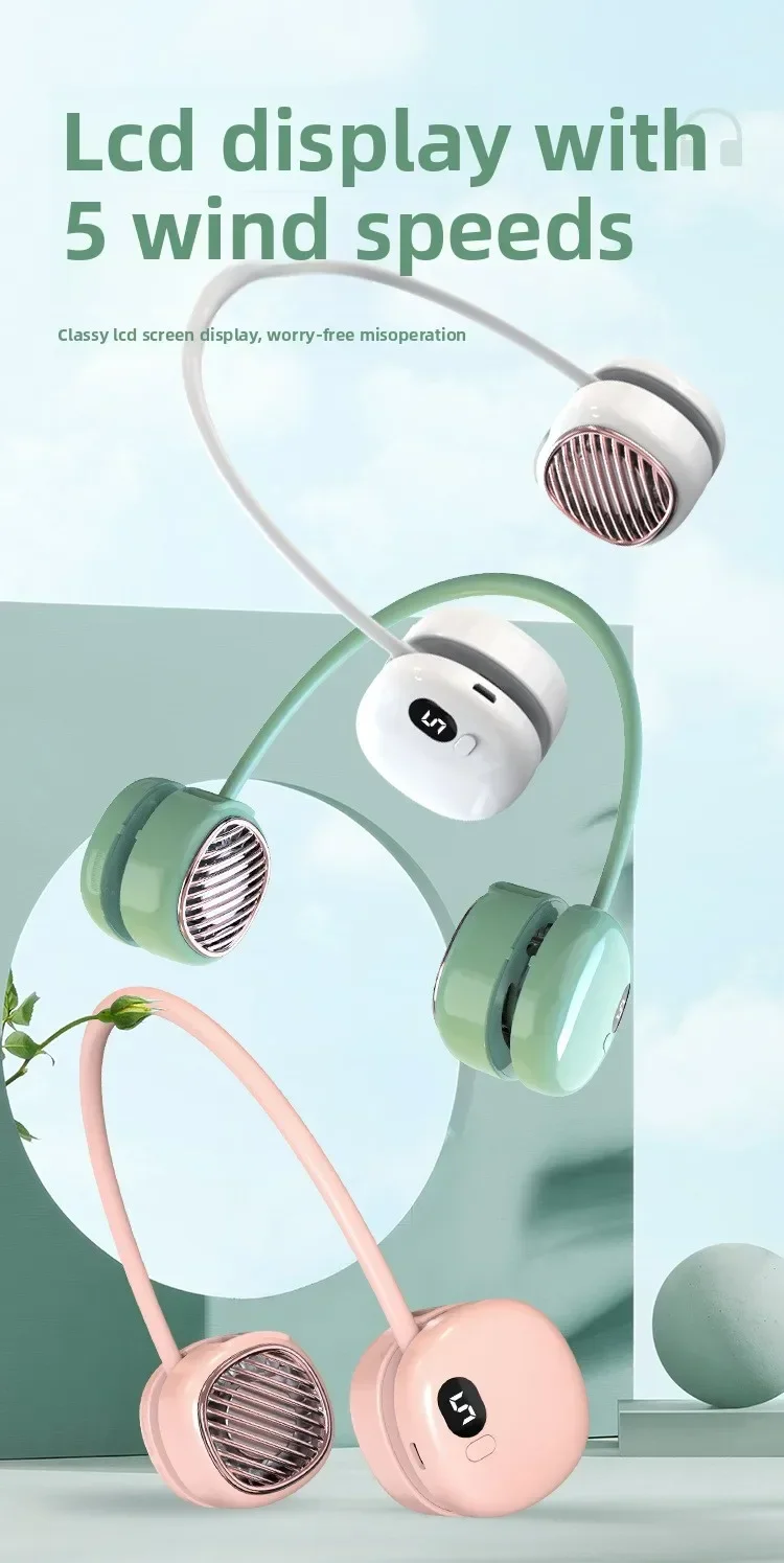 Mini USB rechargeable neck fan; leafless; silent; hands-free; digital display; travel; sports; summer cooling; lightweight fan.