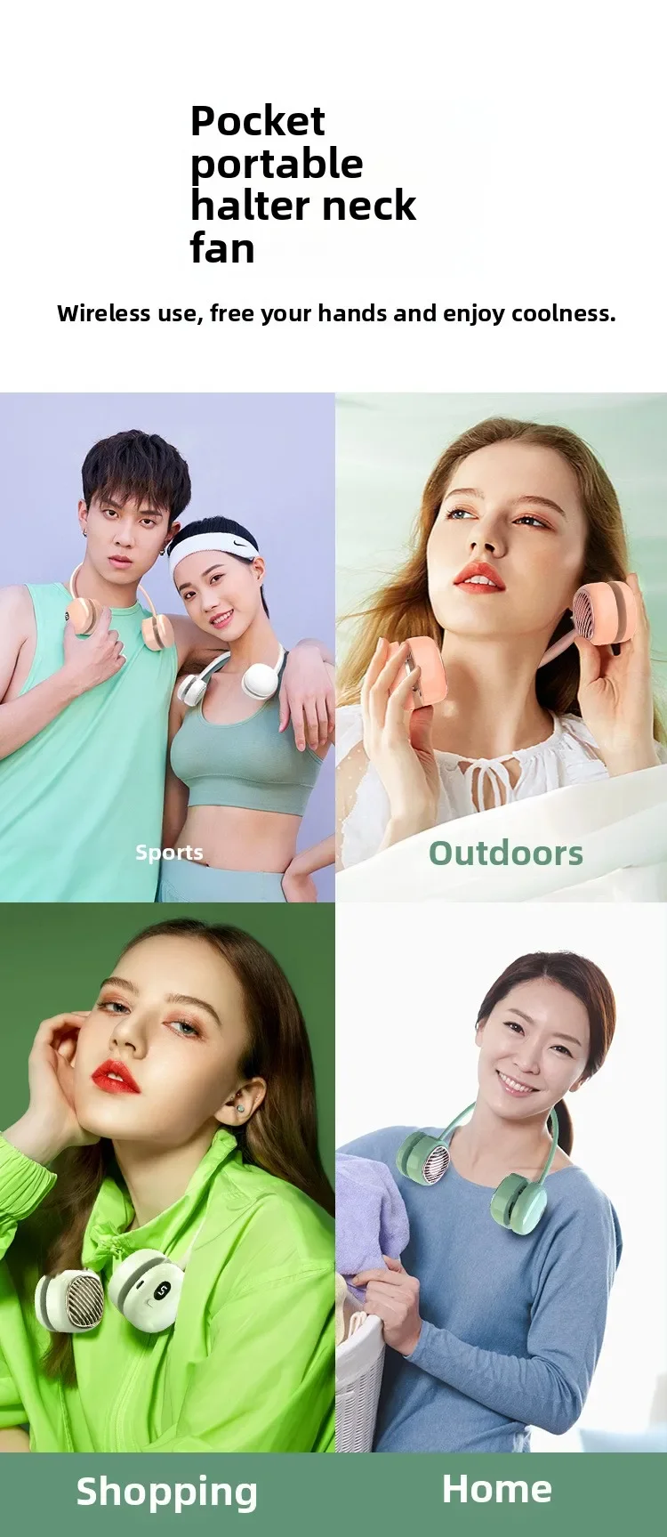 Mini USB rechargeable neck fan; leafless; silent; hands-free; digital display; travel; sports; summer cooling; lightweight fan.