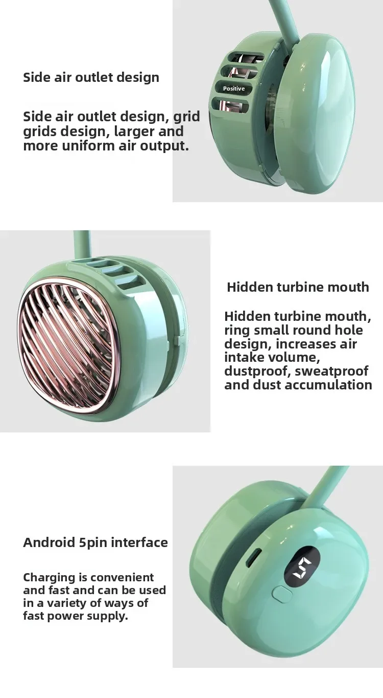 Mini USB rechargeable neck fan; leafless; silent; hands-free; digital display; travel; sports; summer cooling; lightweight fan.