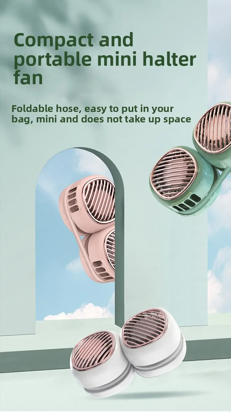 Mini USB rechargeable neck fan; leafless; silent; hands-free; digital display; travel; sports; summer cooling; lightweight fan.