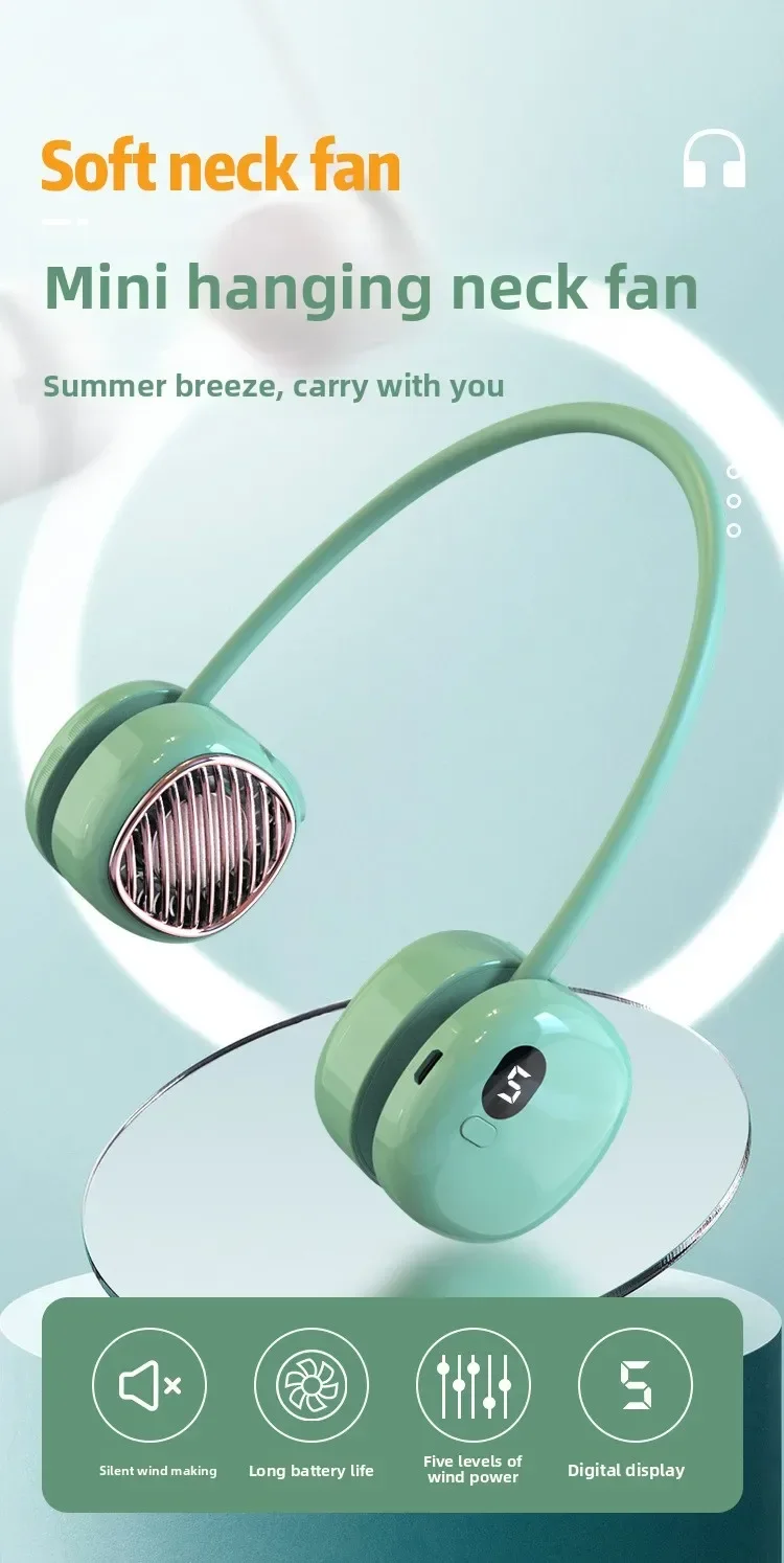 Mini USB rechargeable neck fan; leafless; silent; hands-free; digital display; travel; sports; summer cooling; lightweight fan.