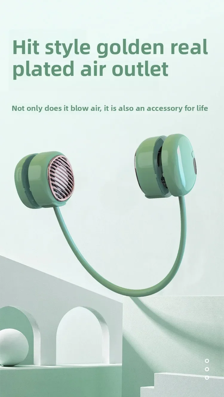 Mini USB rechargeable neck fan; leafless; silent; hands-free; digital display; travel; sports; summer cooling; lightweight fan.