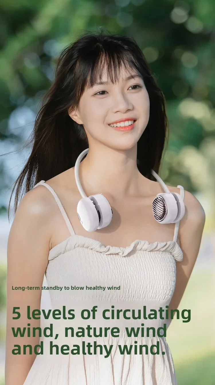 Mini USB rechargeable neck fan; leafless; silent; hands-free; digital display; travel; sports; summer cooling; lightweight fan.