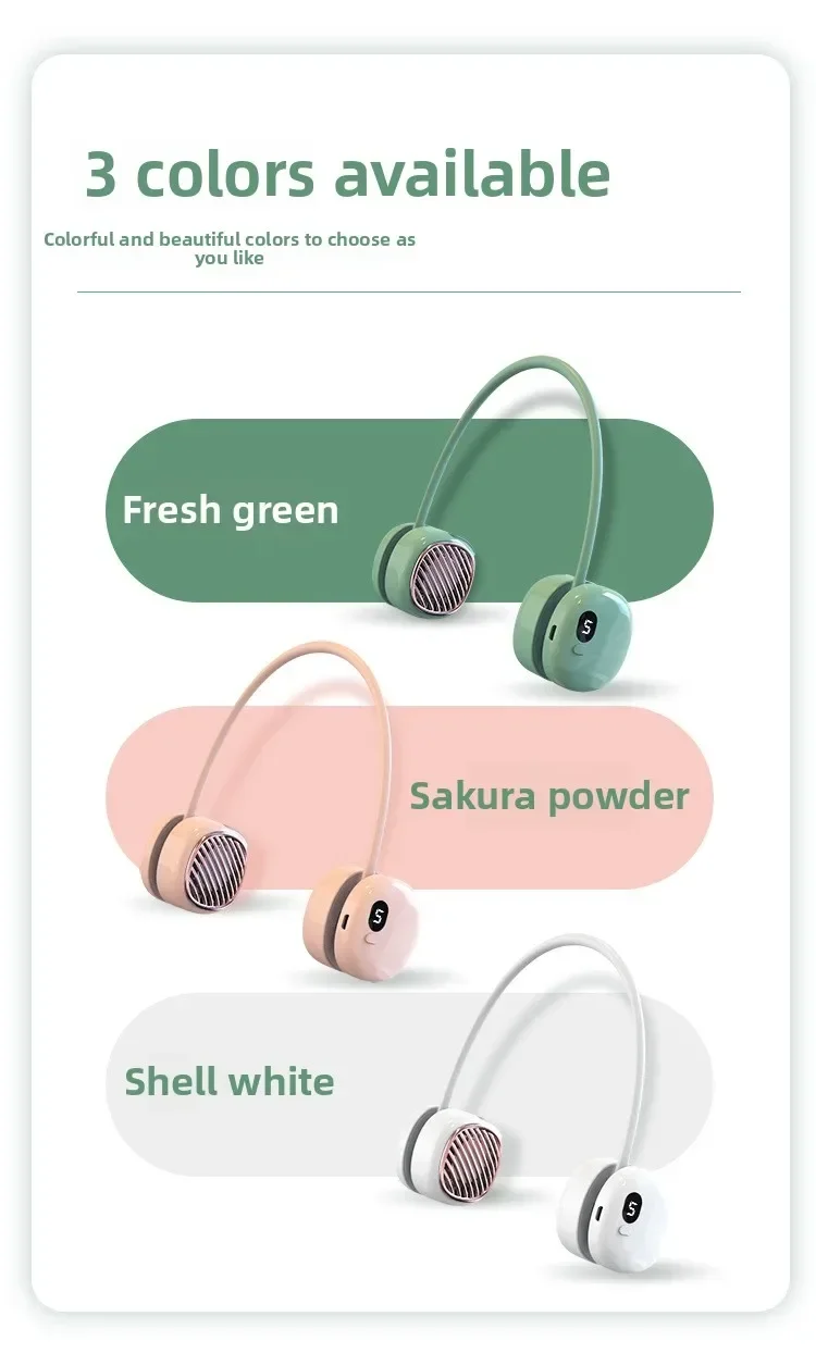 Mini USB rechargeable neck fan; leafless; silent; hands-free; digital display; travel; sports; summer cooling; lightweight fan.