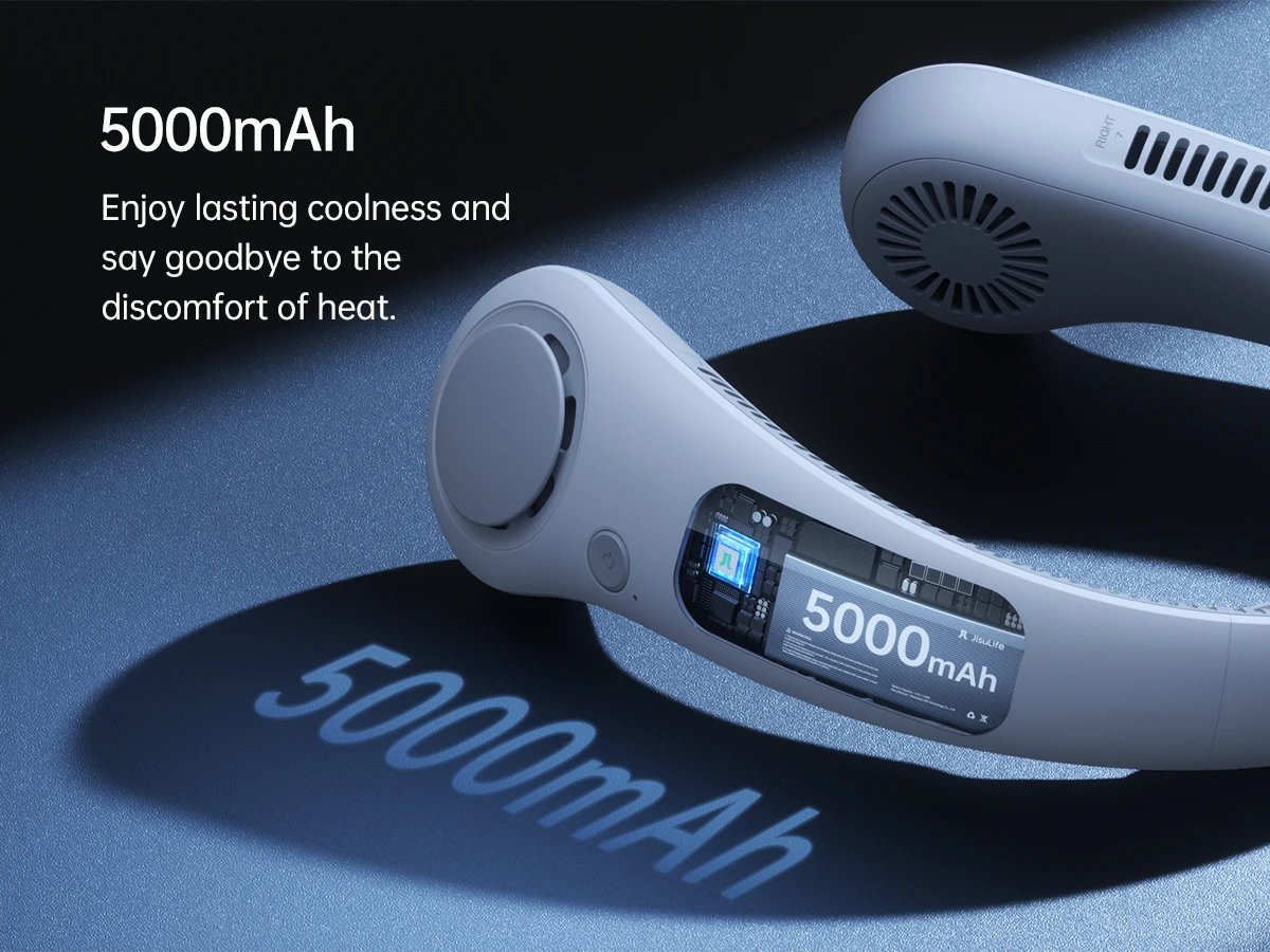 JISULIFE Portable Neck Fan Upgraded, 5000mAh Battery, Necksupport, 5 Speeds Gears Adjustment, Outdoor Wearable Hands-Free Fan