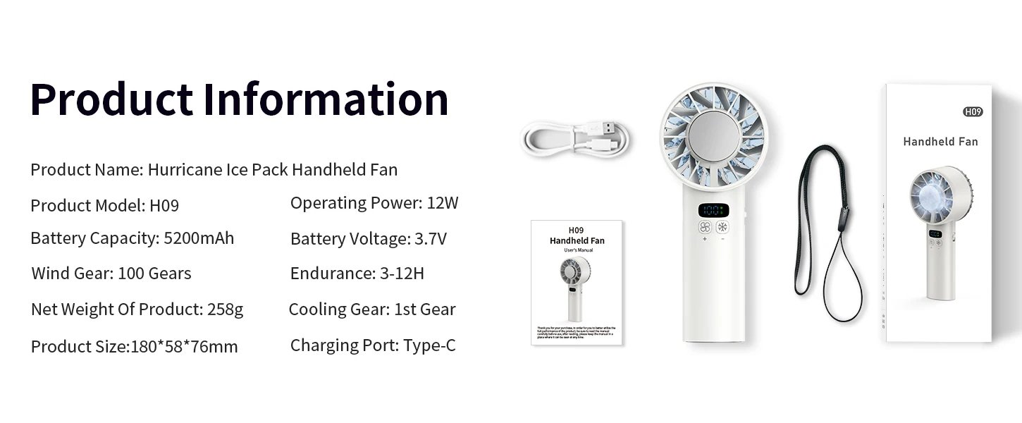 Outdoor Portable Mini Fan Handheld Fan with LED Display Semiconductor Refrigeration 100 Wind Speeds USB Rechargeable Battery Fan