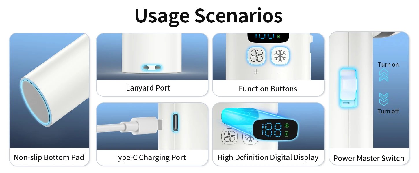 Outdoor Portable Mini Fan Handheld Fan with LED Display Semiconductor Refrigeration 100 Wind Speeds USB Rechargeable Battery Fan