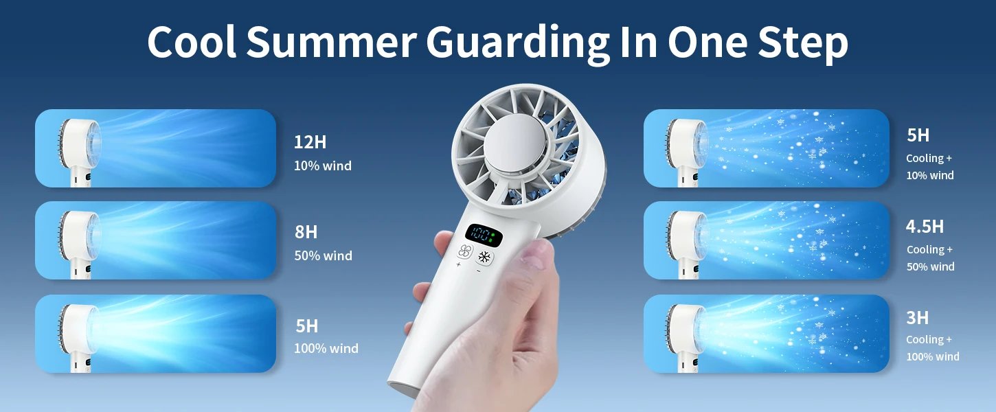Outdoor Portable Mini Fan Handheld Fan with LED Display Semiconductor Refrigeration 100 Wind Speeds USB Rechargeable Battery Fan
