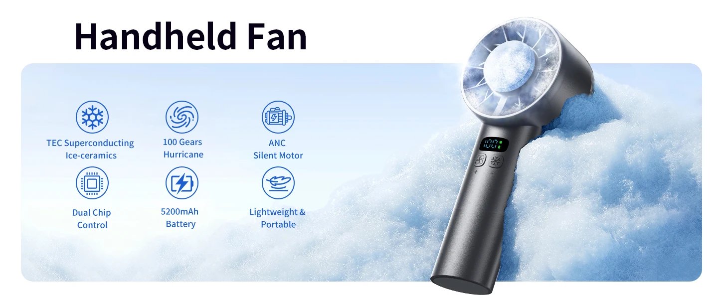 Outdoor Portable Mini Fan Handheld Fan with LED Display Semiconductor Refrigeration 100 Wind Speeds USB Rechargeable Battery Fan