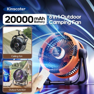 KINSCOTER 6 in 1 Camping Fan 20000mAh Rechargeable Battery Portable Outdoor Fan 4 Speed Air Circulators with Hook and LED Light