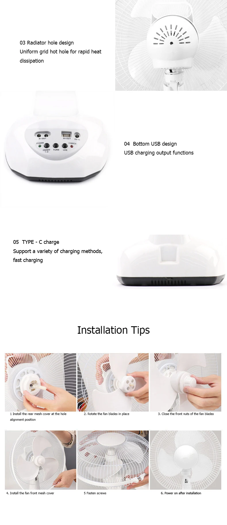 Solar Fan AC/DC Rechargeable Table fan Outdoor Camping Emergency  with LED  USB Ports Home Office Cooling Air Fans Factory Price