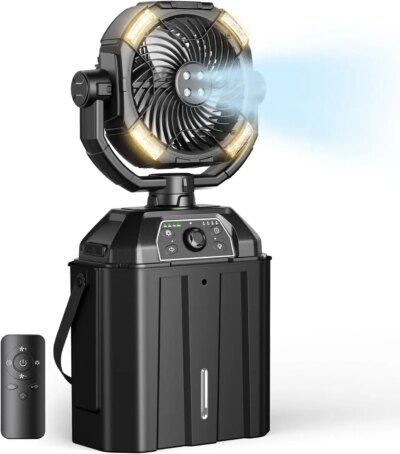 Portable Misting Fan Rechargeable Auto Swivel Fan with 25000mAh USB Battery as Power Bank 4 Mist Cooler 7L Bucket for Outdoor