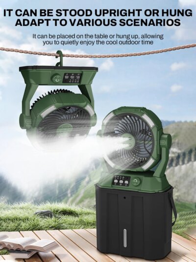 Portable Misting Fan Rechargeable Auto Swivel Fan 20000mAh USB Battery Power Bank 4 Mist Cooler Camping Fan With LED Lighting