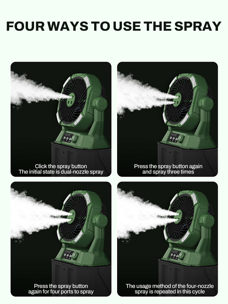Portable Misting Fan Rechargeable Auto Swivel Fan 20000mAh USB Battery Power Bank 4 Mist Cooler Camping Fan With LED Lighting