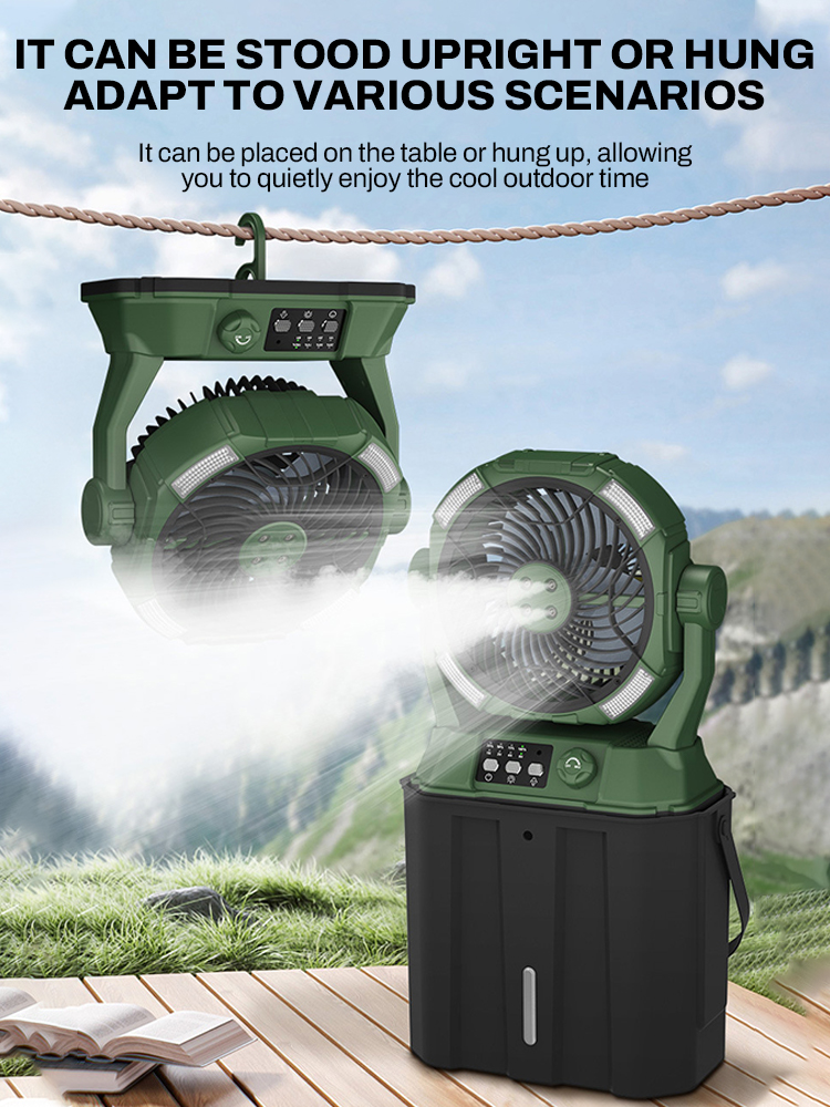 Portable Misting Fan Rechargeable Auto Swivel Fan 20000mAh USB Battery Power Bank 4 Mist Cooler Camping Fan With LED Lighting