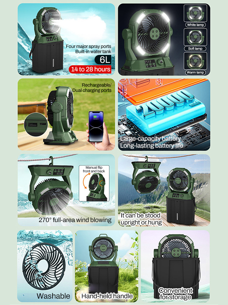 Portable Misting Fan Rechargeable Auto Swivel Fan 20000mAh USB Battery Power Bank 4 Mist Cooler Camping Fan With LED Lighting