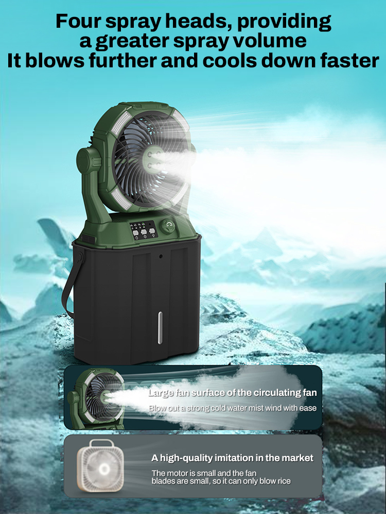 Portable Misting Fan Rechargeable Auto Swivel Fan 20000mAh USB Battery Power Bank 4 Mist Cooler Camping Fan With LED Lighting