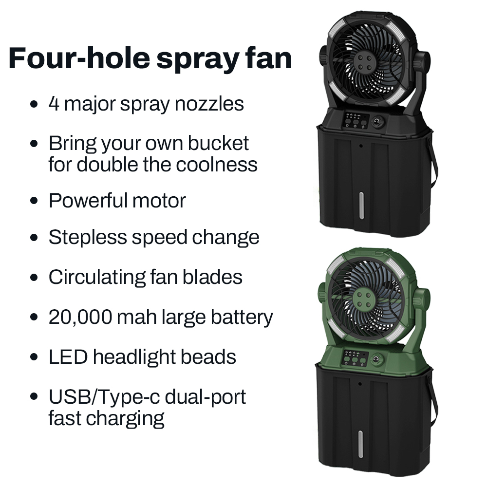 Portable Misting Fan Rechargeable Auto Swivel Fan 20000mAh USB Battery Power Bank 4 Mist Cooler Camping Fan With LED Lighting