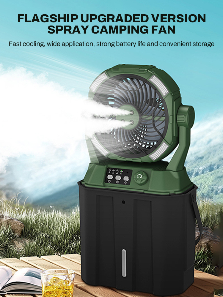 Portable Misting Fan Rechargeable Auto Swivel Fan 20000mAh USB Battery Power Bank 4 Mist Cooler Camping Fan With LED Lighting
