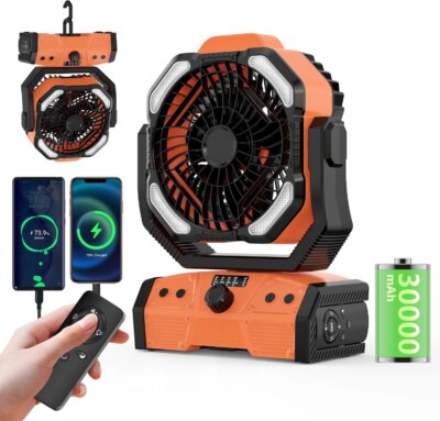 Camping Fan with LED Lantern Rechargeable Battery Powered Outdoor Tent Oscillating Fan with 360° Hanging Hook USB Desk Fan