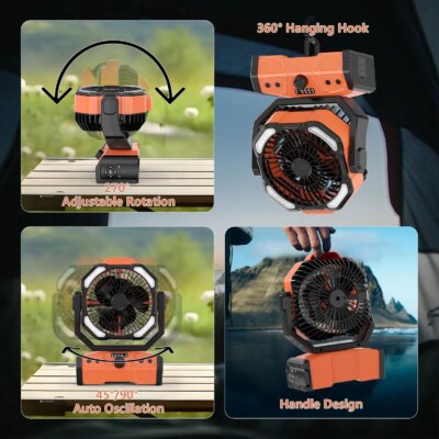 Camping Fan with LED Lantern Rechargeable Battery Powered Outdoor Tent Oscillating Fan with 360° Hanging Hook USB Desk Fan - Image 5