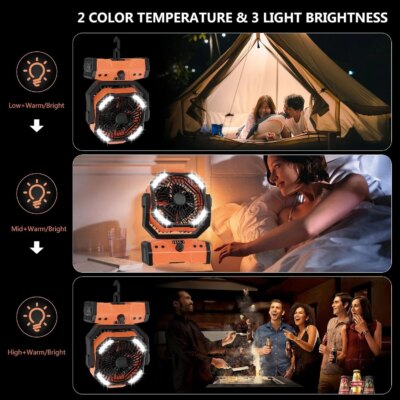 Camping Fan with LED Lantern Rechargeable Battery Powered Outdoor Tent Oscillating Fan with 360° Hanging Hook USB Desk Fan - Image 4