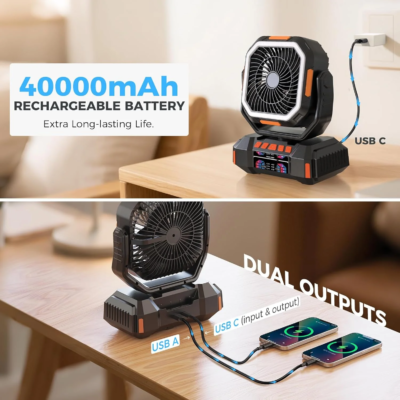 40000mAh Portable Camping Fan with LED and Remote Control - 4 Speeds Battery Powered Suitable for Tents Travel Offices - Image 3