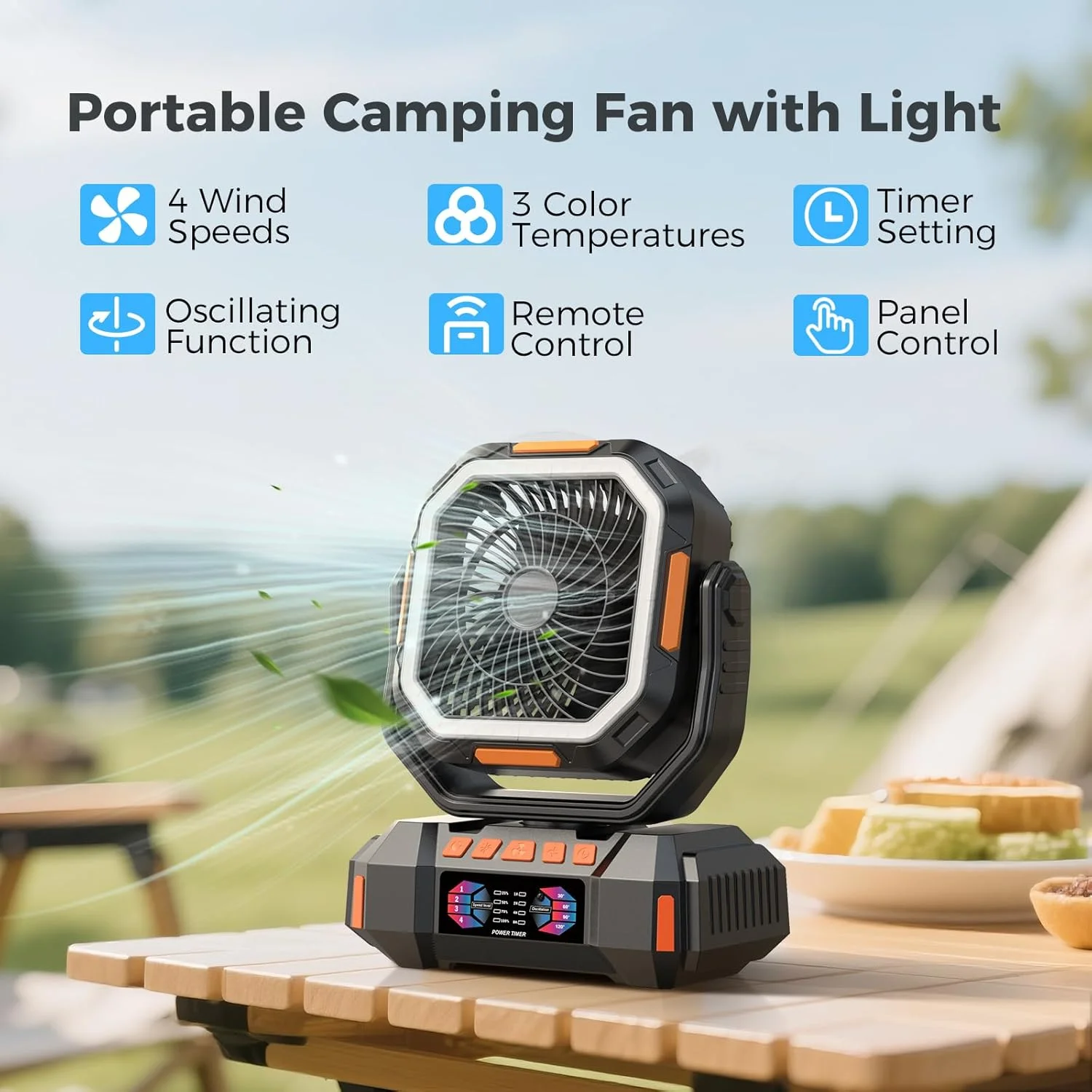 40000mAh Portable Camping Fan with LED and Remote Control - 4 Speeds Battery Powered Suitable for Tents Travel Offices