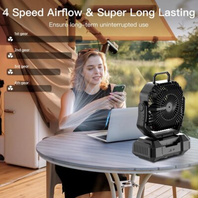 Camping Fan 40000mAh Battery Powered Fan Rechargeable 4 Speeds with LED Lantern - Portable Outdoor Tent Fans with Hanging Hook - Image 3