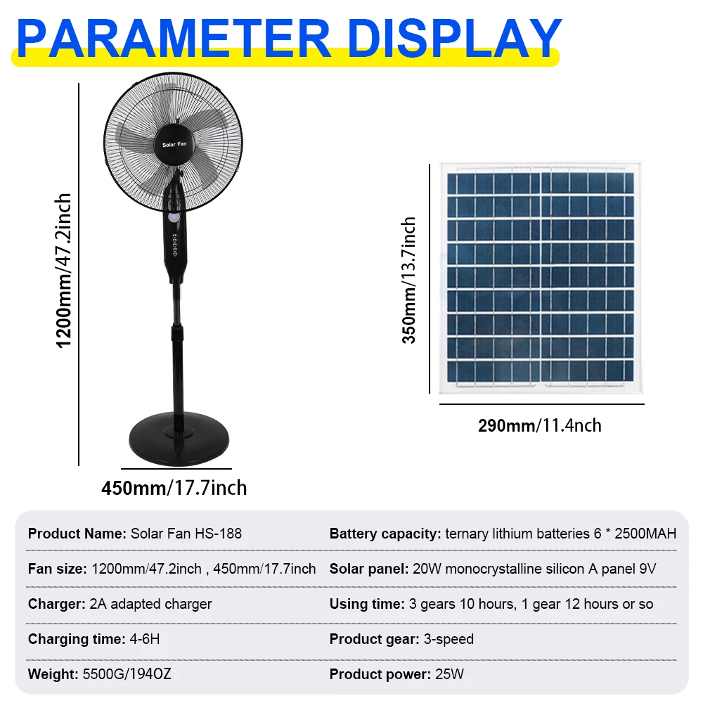 Solar Powered Floor Fan10 - 12H Runtime3 Speed Adjustable Portable Floor Fan for Home Blackout Emergency USB Port & Night Light